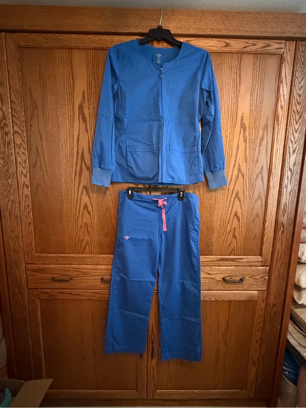 Med Couture Blue Two-Piece Scrub Pajama Set with Pink Drawstring